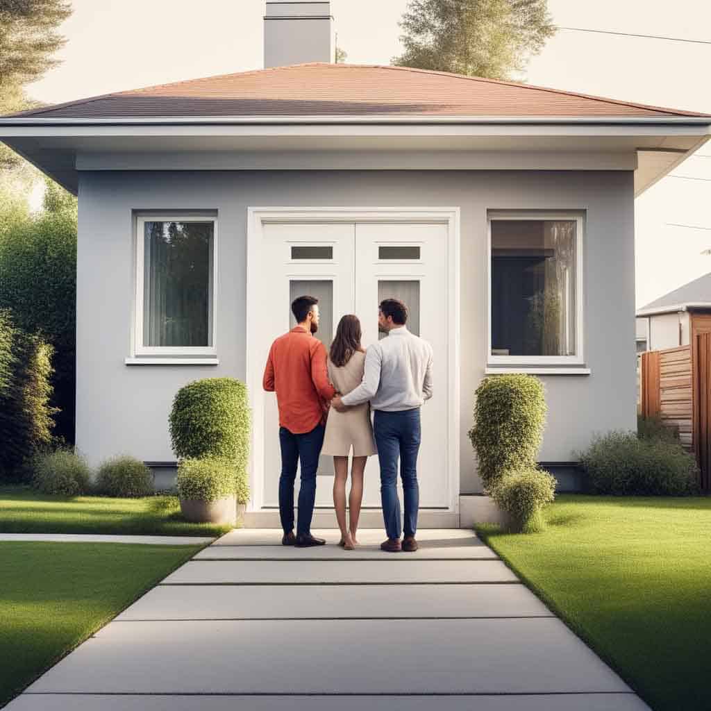 Immobilienverkauf: Eine Familie wartet vor einem Haus auf die Besichtigung.